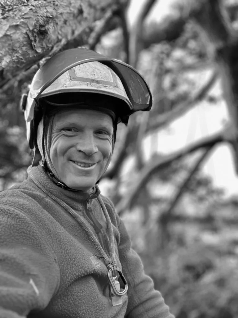 Nick Rodenhäuser mit Kletterhelm und Ausrüstung im Baum